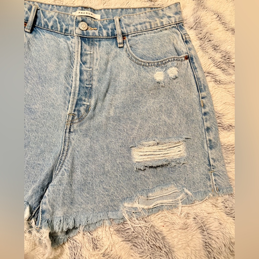 Women’s PacSun Light Blue Jean Ripped/Distressed High Rise Denim Shorts Sz 30 - Picture 2 of 16
